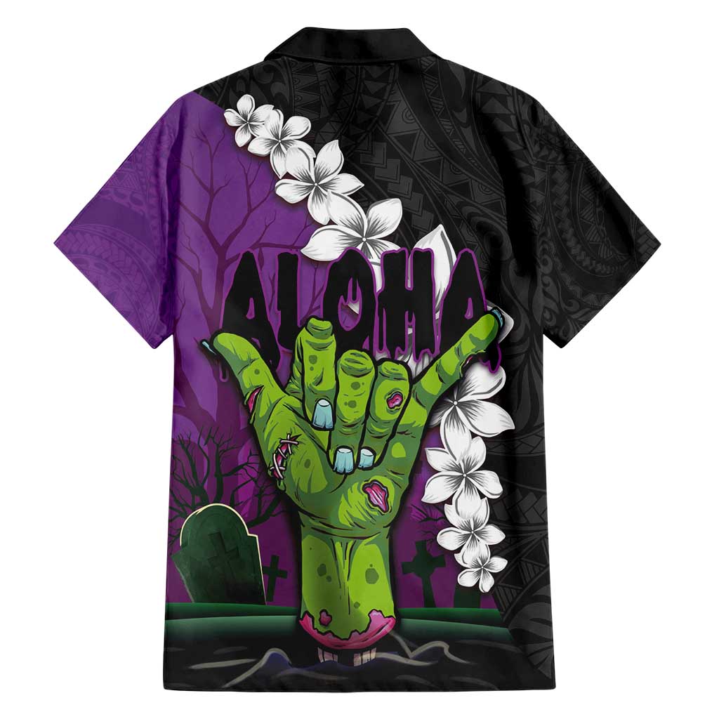 Hawaiian Halloween Family Matching Short Sleeve Bodycon Dress and Hawaiian Shirt Horror Shaka Hand with Plumeria and Polynesian Tattoo Midnight Color LT03 - Polynesian Pride