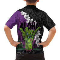 Hawaiian Halloween Family Matching Summer Maxi Dress and Hawaiian Shirt Horror Shaka Hand with Plumeria and Polynesian Tattoo Midnight Color LT03 - Polynesian Pride
