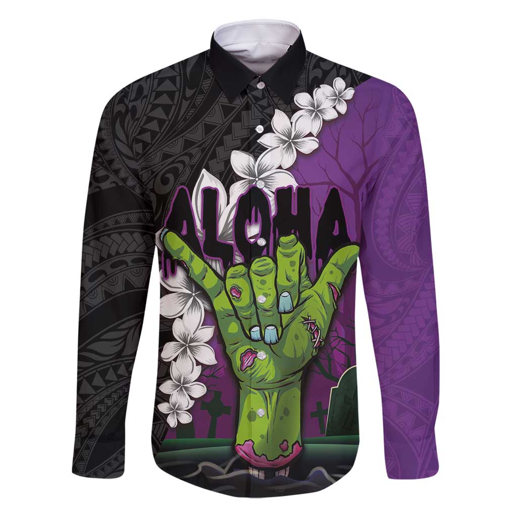 Hawaiian Halloween Family Matching Summer Maxi Dress and Hawaiian Shirt Horror Shaka Hand with Plumeria and Polynesian Tattoo Midnight Color LT03 Dad's Shirt - Long Sleeve Purple - Polynesian Pride