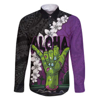 Hawaiian Halloween Family Matching Summer Maxi Dress and Hawaiian Shirt Horror Shaka Hand with Plumeria and Polynesian Tattoo Midnight Color LT03 Dad's Shirt - Long Sleeve Purple - Polynesian Pride
