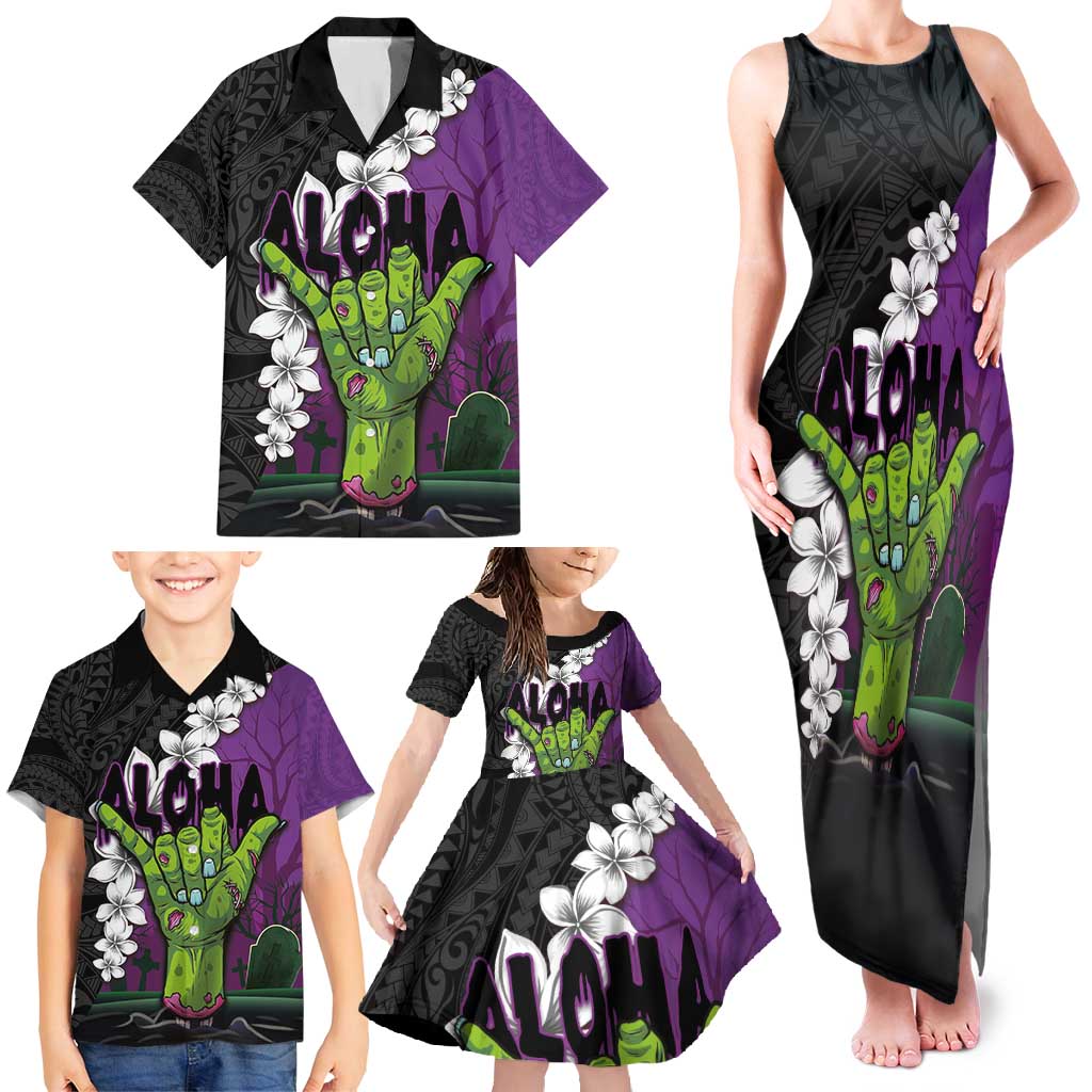Hawaiian Halloween Family Matching Tank Maxi Dress and Hawaiian Shirt Horror Shaka Hand with Plumeria and Polynesian Tattoo Midnight Color