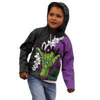 Hawaiian Halloween Kid Hoodie Horror Shaka Hand with Plumeria and Polynesian Tattoo Midnight Color