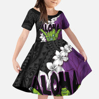 Hawaiian Halloween Kid Short Sleeve Dress Horror Shaka Hand with Plumeria and Polynesian Tattoo Midnight Color LT03 KID Purple - Polynesian Pride