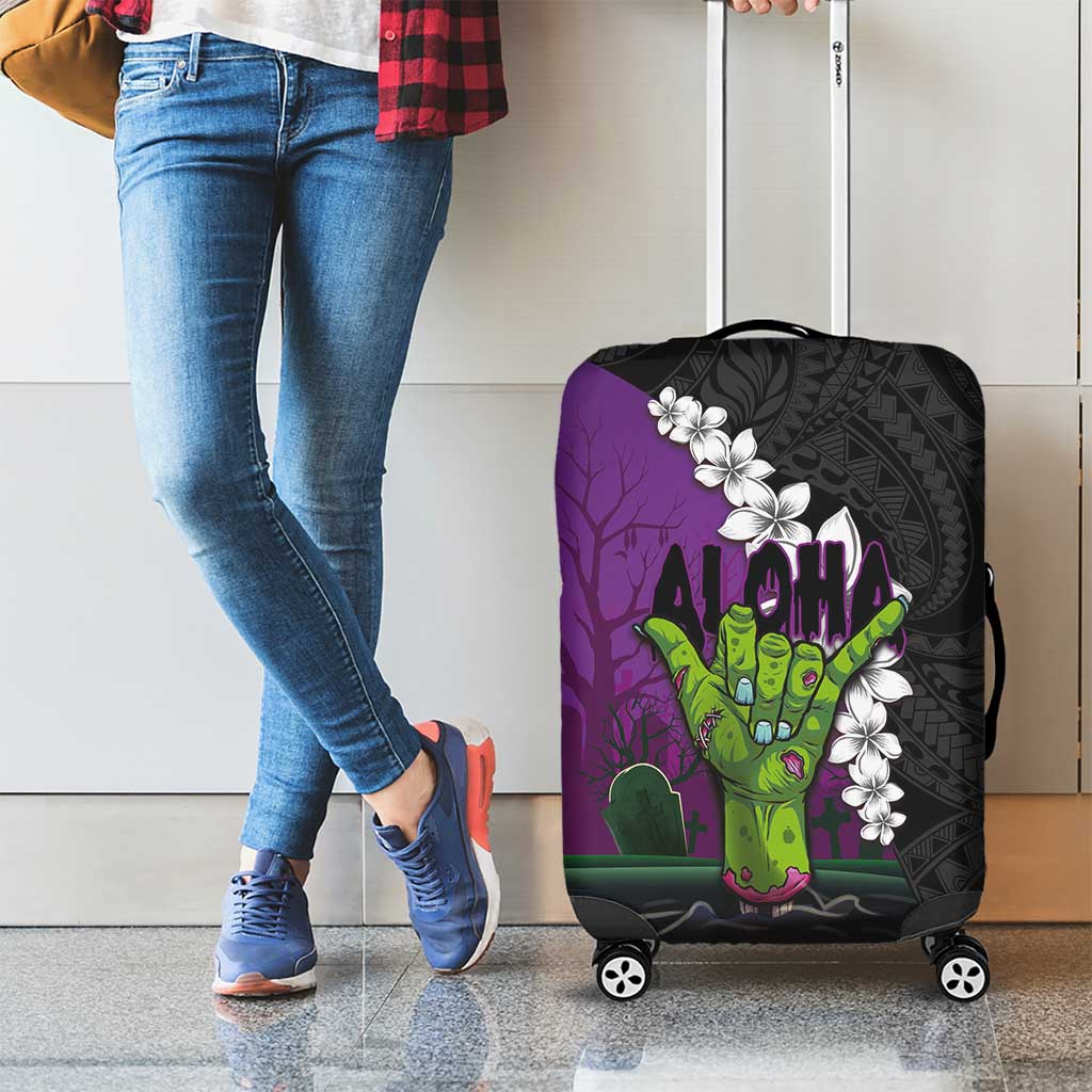 Hawaiian Halloween Luggage Cover Horror Shaka Hand with Plumeria and Polynesian Tattoo Midnight Color