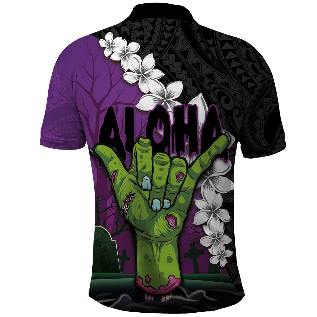 Hawaiian Halloween Polo Shirt Horror Shaka Hand with Plumeria and Polynesian Tattoo Midnight Color