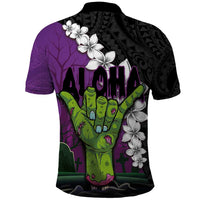 Hawaiian Halloween Polo Shirt Horror Shaka Hand with Plumeria and Polynesian Tattoo Midnight Color