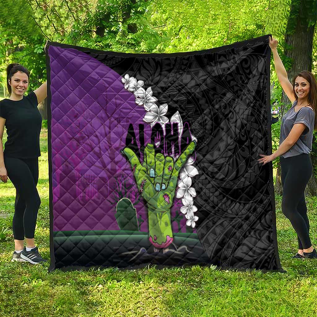 Hawaiian Halloween Quilt Horror Shaka Hand with Plumeria and Polynesian Tattoo Midnight Color