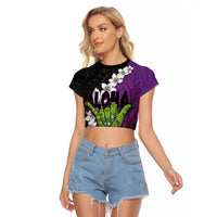 Hawaiian Halloween Raglan Cropped T Shirt Horror Shaka Hand with Plumeria and Polynesian Tattoo Midnight Color