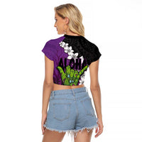 Hawaiian Halloween Raglan Cropped T Shirt Horror Shaka Hand with Plumeria and Polynesian Tattoo Midnight Color