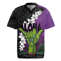 Hawaiian Halloween Rugby Jersey Horror Shaka Hand with Plumeria and Polynesian Tattoo Midnight Color