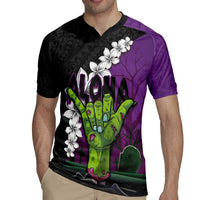Hawaiian Halloween Rugby Jersey Horror Shaka Hand with Plumeria and Polynesian Tattoo Midnight Color