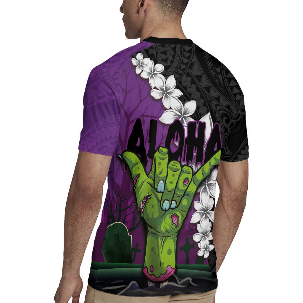 Hawaiian Halloween Rugby Jersey Horror Shaka Hand with Plumeria and Polynesian Tattoo Midnight Color
