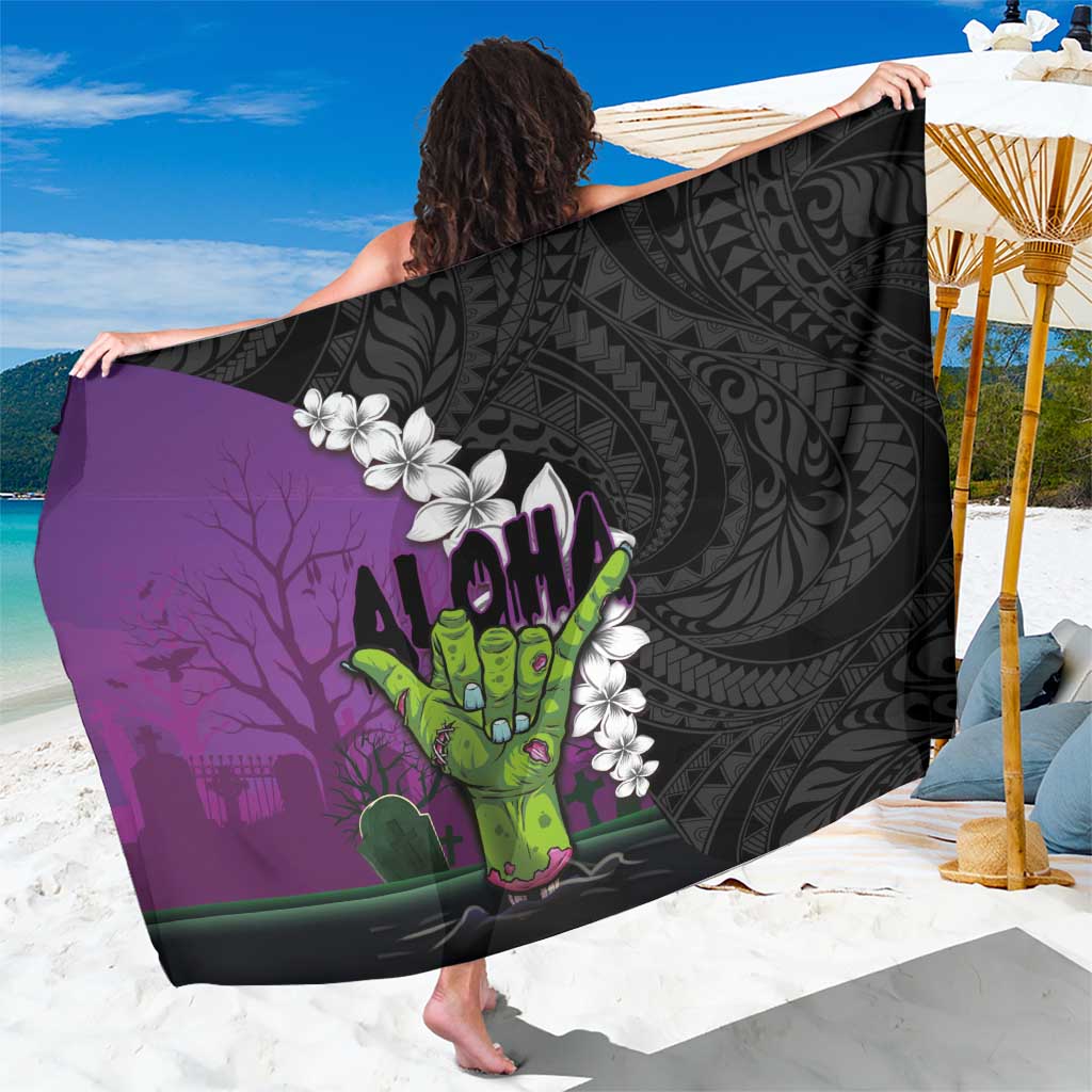 Hawaiian Halloween Sarong Horror Shaka Hand with Plumeria and Polynesian Tattoo Midnight Color