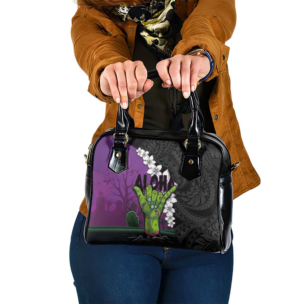 Hawaiian Halloween Shoulder Handbag Horror Shaka Hand with Plumeria and Polynesian Tattoo Midnight Color LT03 One Size Purple - Polynesian Pride