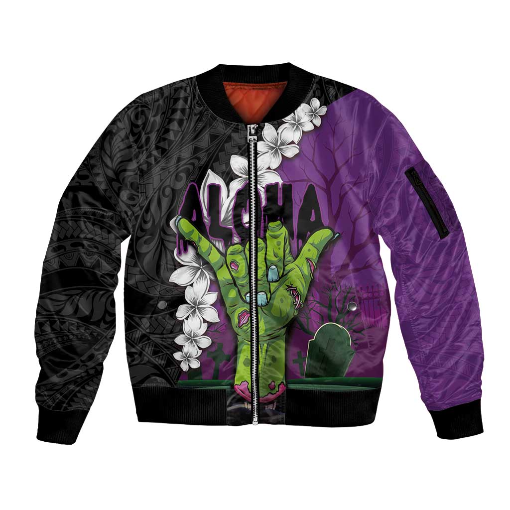 Hawaiian Halloween Sleeve Zip Bomber Jacket Horror Shaka Hand with Plumeria and Polynesian Tattoo Midnight Color LT03 Unisex Purple - Polynesian Pride