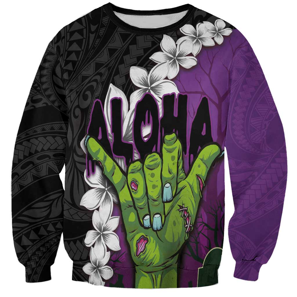 Hawaiian Halloween Sweatshirt Horror Shaka Hand with Plumeria and Polynesian Tattoo Midnight Color