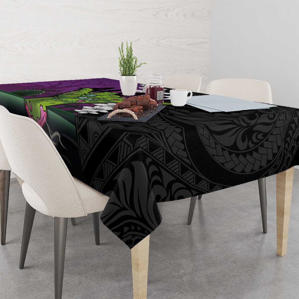Hawaiian Halloween Tablecloth Horror Shaka Hand with Plumeria and Polynesian Tattoo Midnight Color
