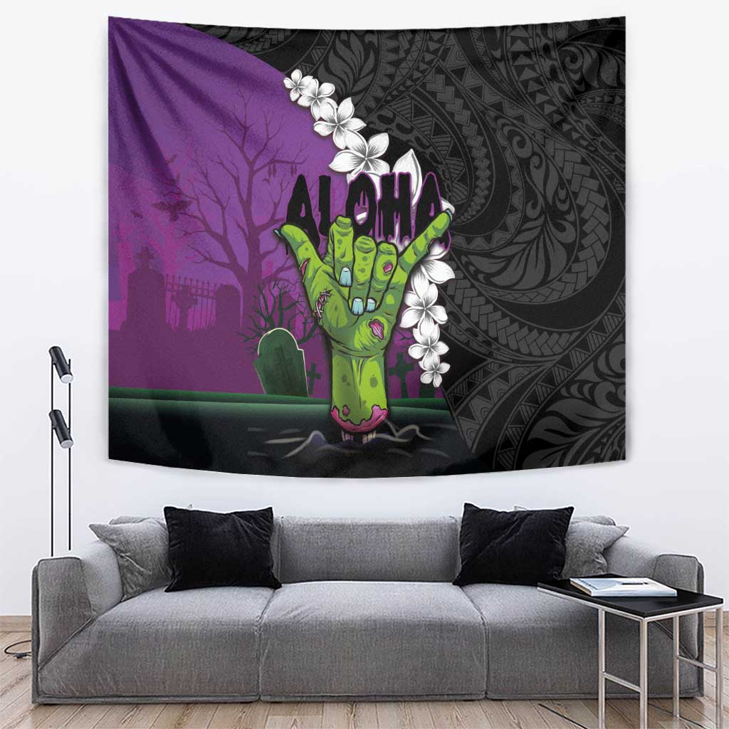 Hawaiian Halloween Tapestry Horror Shaka Hand with Plumeria and Polynesian Tattoo Midnight Color LT03 Purple - Polynesian Pride