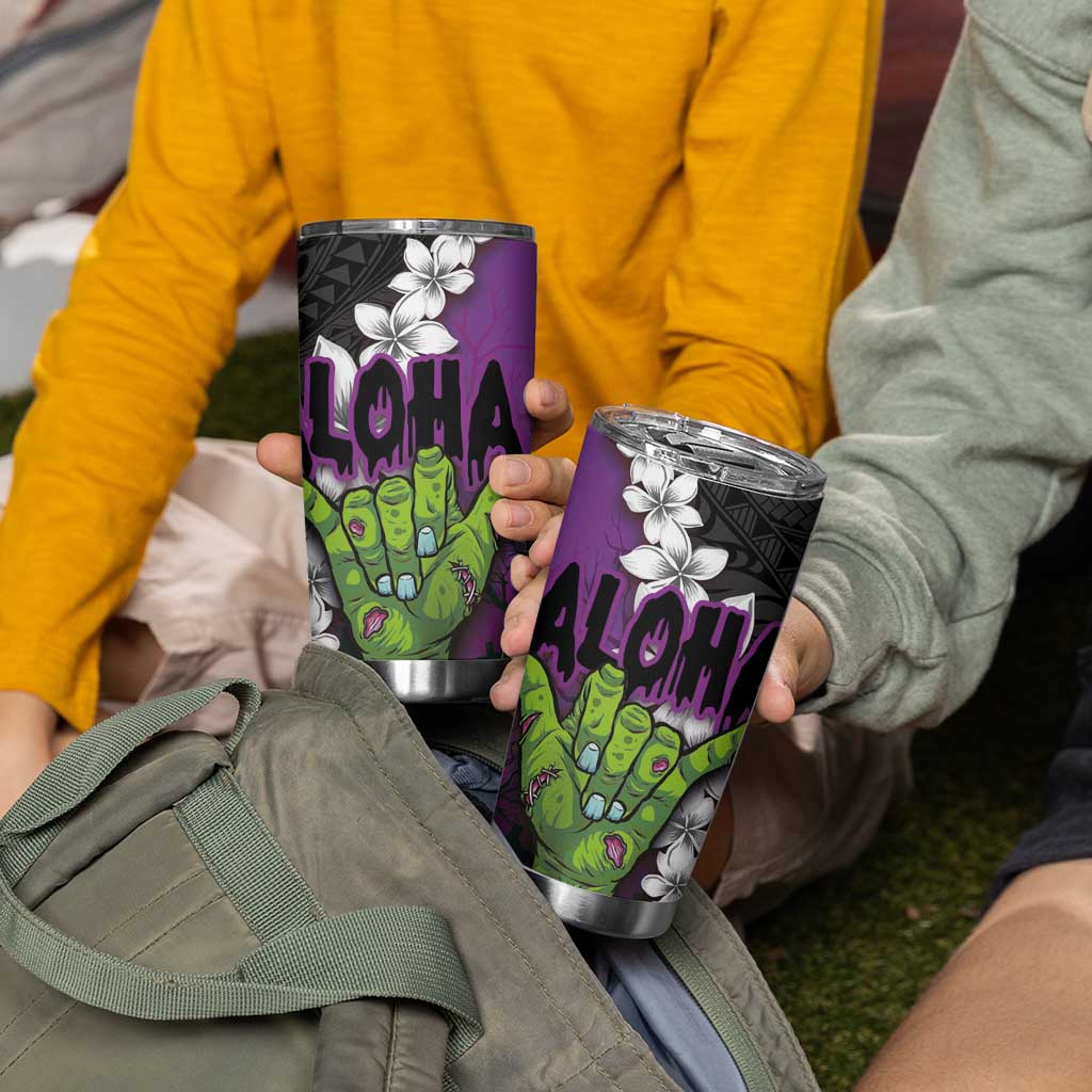 Hawaiian Halloween Tumbler Cup Horror Shaka Hand with Plumeria and Polynesian Tattoo Midnight Color
