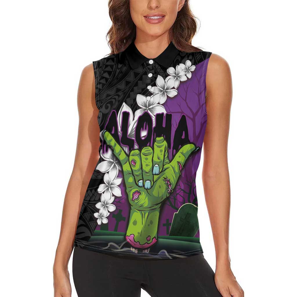 Hawaiian Halloween Women Sleeveless Polo Shirt Horror Shaka Hand with Plumeria and Polynesian Tattoo Midnight Color