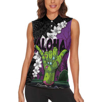 Hawaiian Halloween Women Sleeveless Polo Shirt Horror Shaka Hand with Plumeria and Polynesian Tattoo Midnight Color