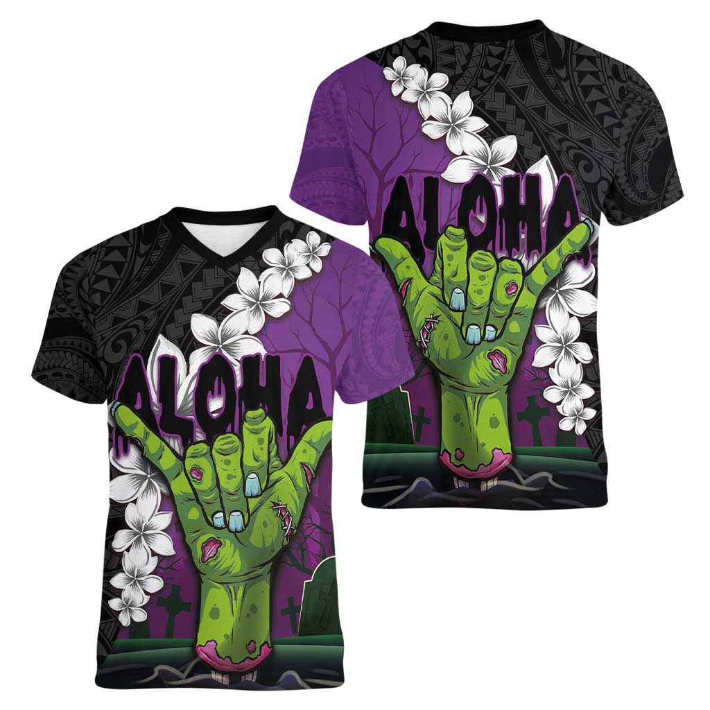 Hawaiian Halloween Women V-Neck T-Shirt Horror Shaka Hand with Plumeria and Polynesian Tattoo Midnight Color