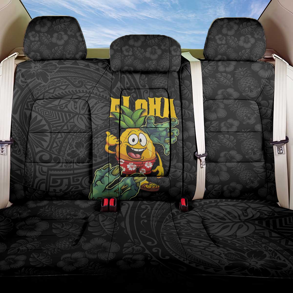 Hawaiian Halloween Back Car Seat Cover Aloha Pinapple with Mysterious Hands and Polynesian Tribal Tattoo LT03 One Size Black - Polynesian Pride