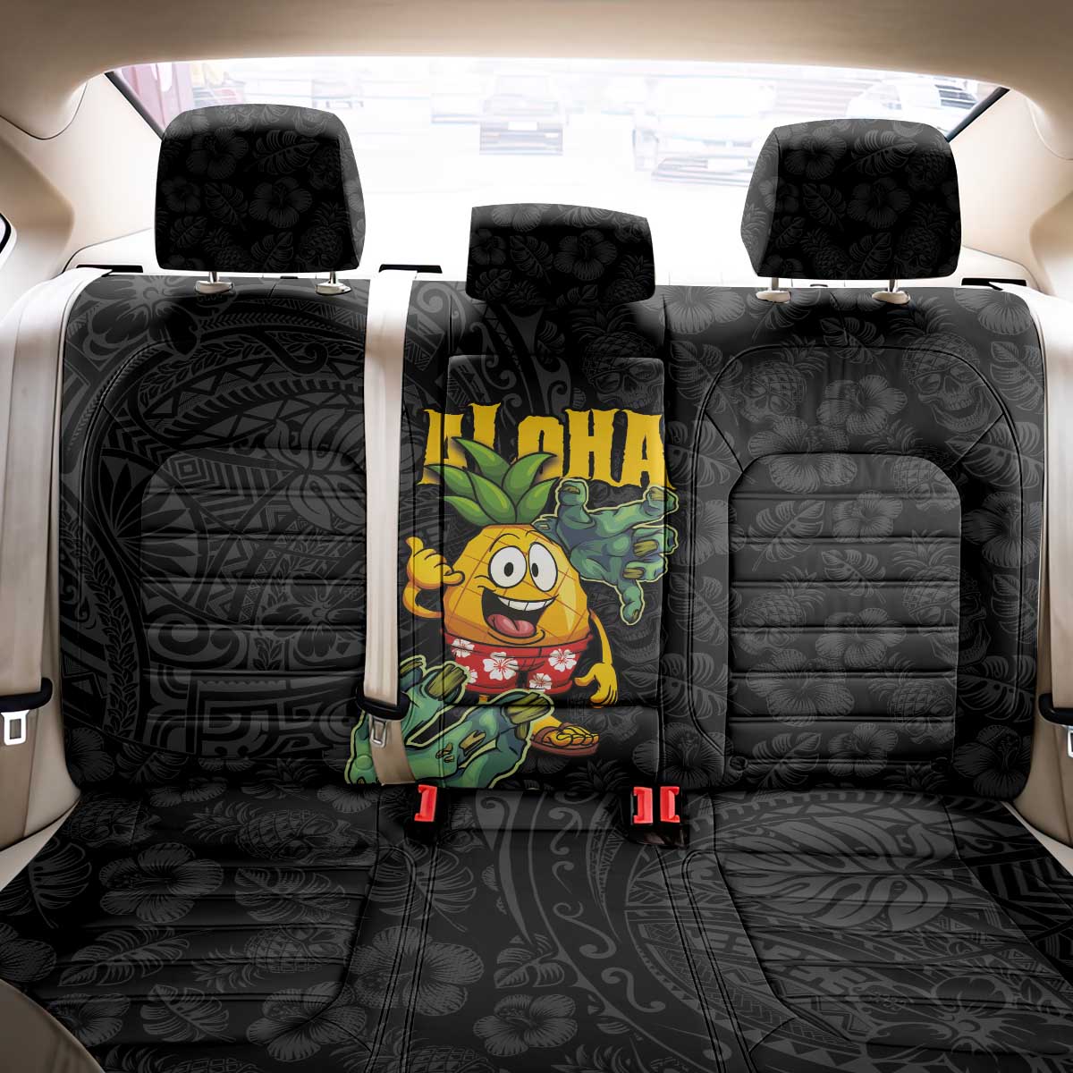 Hawaiian Halloween Back Car Seat Cover Aloha Pinapple with Mysterious Hands and Polynesian Tribal Tattoo LT03 - Polynesian Pride