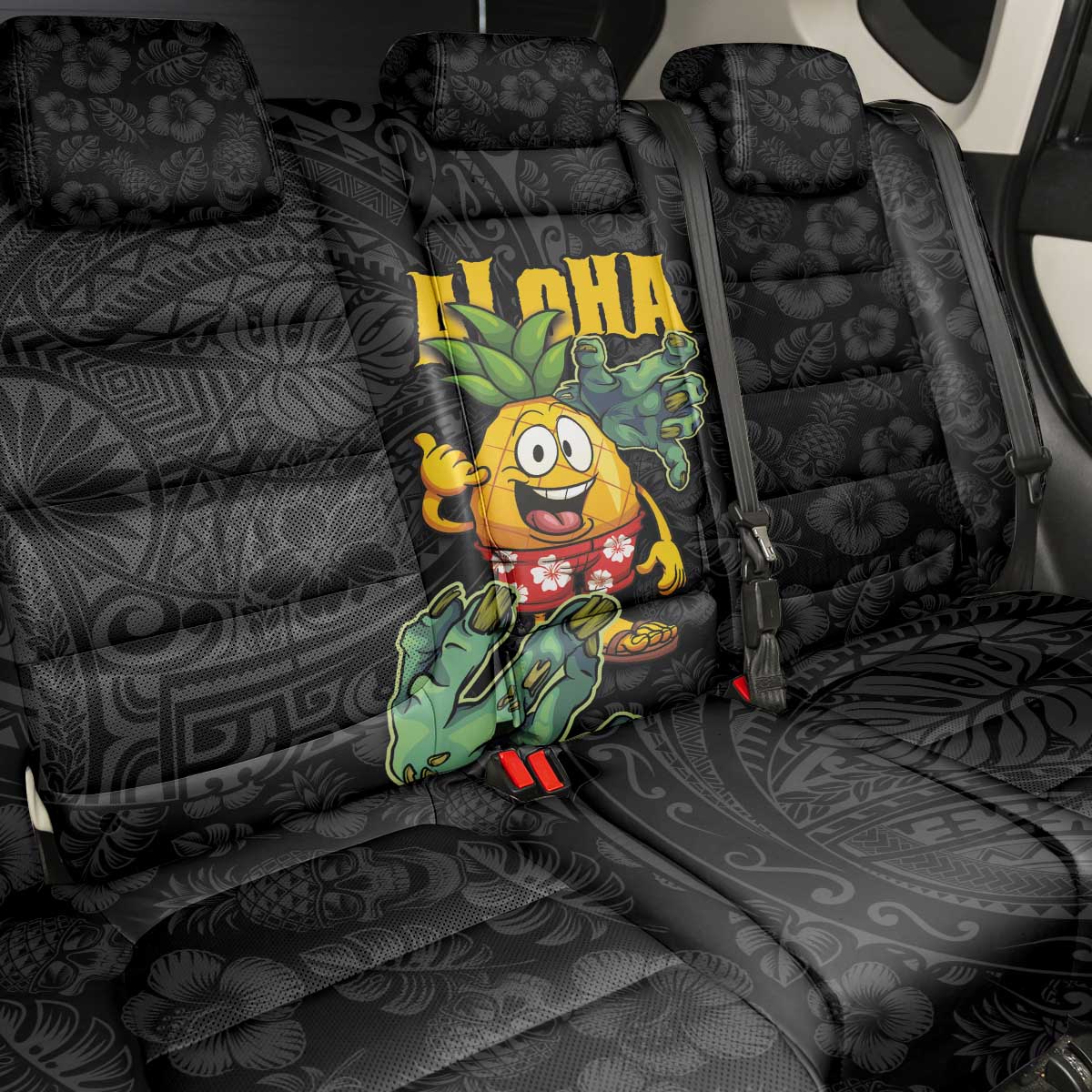 Hawaiian Halloween Back Car Seat Cover Aloha Pinapple with Mysterious Hands and Polynesian Tribal Tattoo LT03 - Polynesian Pride