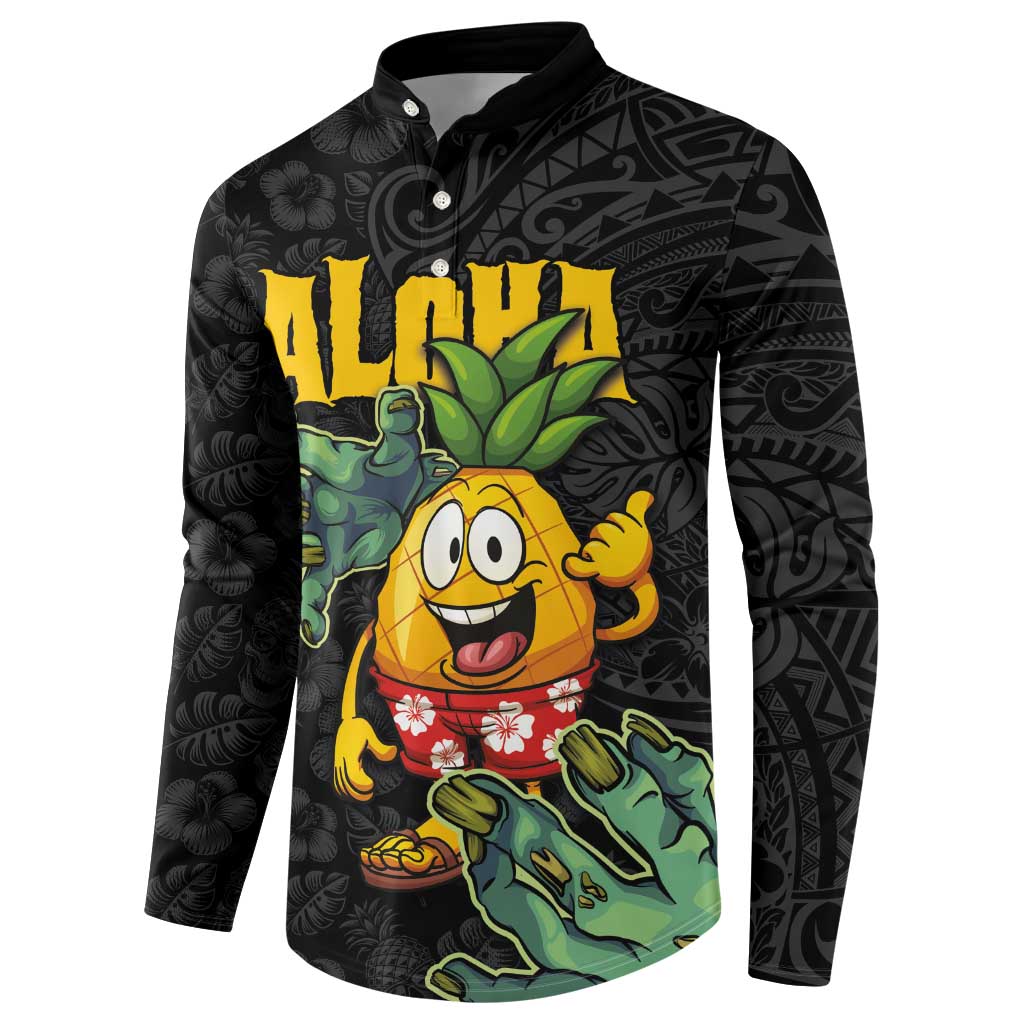 Hawaiian Halloween Button Sweatshirt Aloha Pinapple with Mysterious Hands and Polynesian Tribal Tattoo LT03 - Polynesian Pride