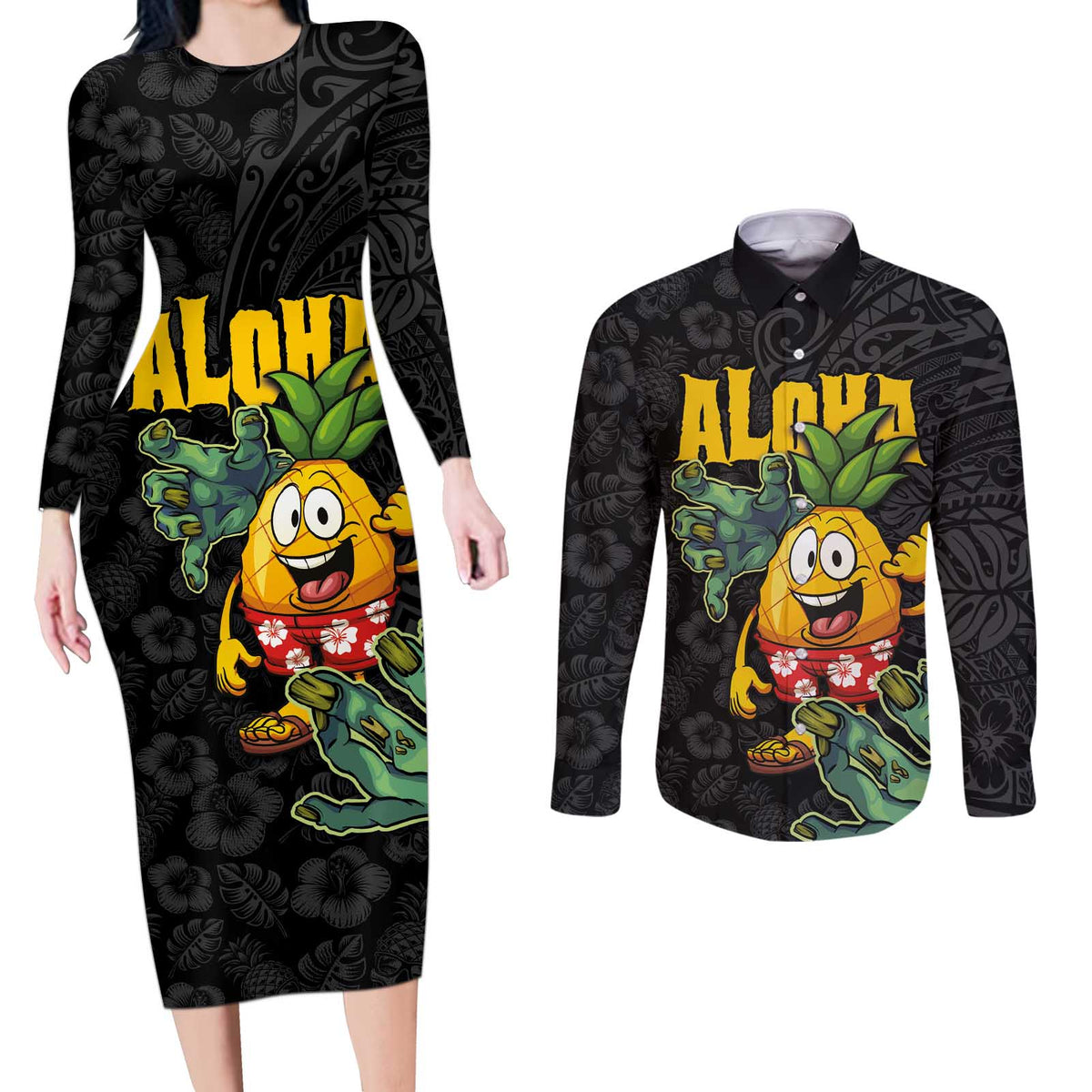 Hawaiian Halloween Couples Matching Long Sleeve Bodycon Dress and Long Sleeve Button Shirt Aloha Pinapple with Mysterious Hands and Polynesian Tribal Tattoo LT03 Black - Polynesian Pride