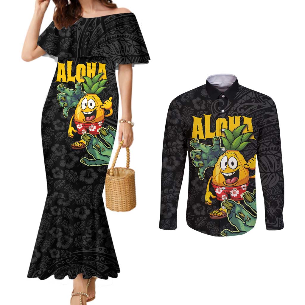 Hawaiian Halloween Couples Matching Mermaid Dress and Long Sleeve Button Shirt Aloha Pinapple with Mysterious Hands and Polynesian Tribal Tattoo