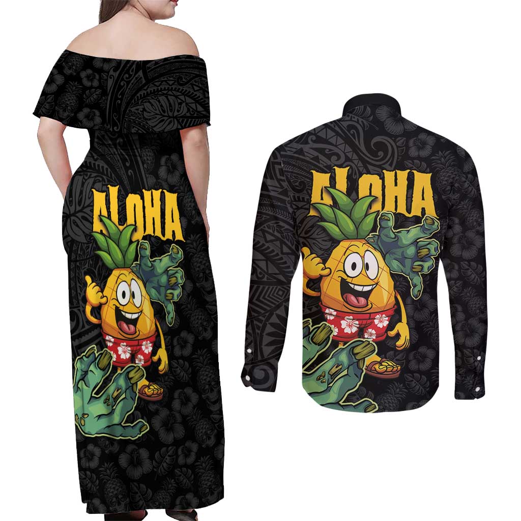 Hawaiian Halloween Couples Matching Off Shoulder Maxi Dress and Long Sleeve Button Shirt Aloha Pinapple with Mysterious Hands and Polynesian Tribal Tattoo LT03 - Polynesian Pride