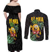 Hawaiian Halloween Couples Matching Off Shoulder Maxi Dress and Long Sleeve Button Shirt Aloha Pinapple with Mysterious Hands and Polynesian Tribal Tattoo LT03 - Polynesian Pride