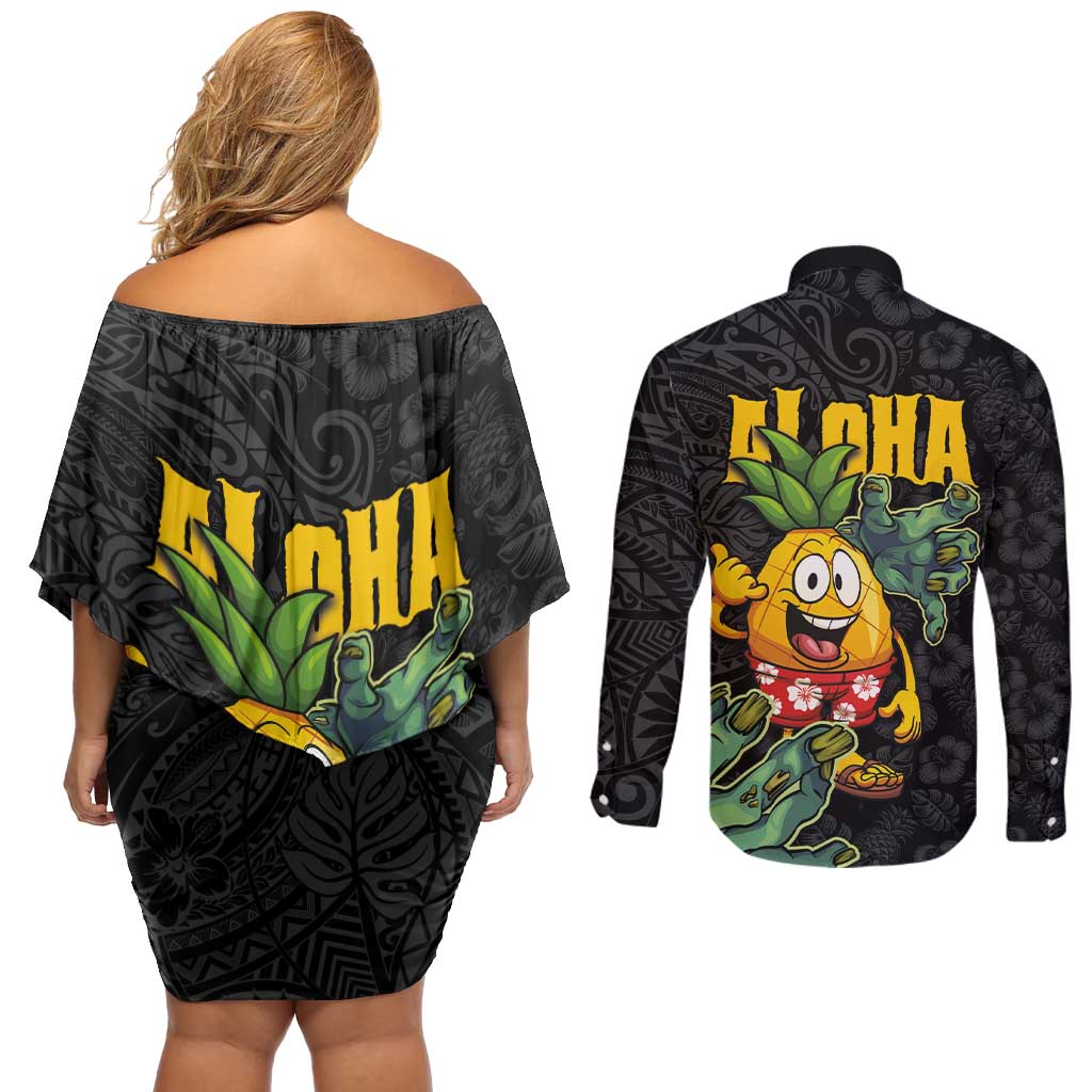 Hawaiian Halloween Couples Matching Off Shoulder Short Dress and Long Sleeve Button Shirt Aloha Pinapple with Mysterious Hands and Polynesian Tribal Tattoo LT03 - Polynesian Pride