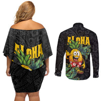 Hawaiian Halloween Couples Matching Off Shoulder Short Dress and Long Sleeve Button Shirt Aloha Pinapple with Mysterious Hands and Polynesian Tribal Tattoo LT03 - Polynesian Pride