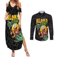 Hawaiian Halloween Couples Matching Summer Maxi Dress and Long Sleeve Button Shirt Aloha Pinapple with Mysterious Hands and Polynesian Tribal Tattoo LT03 Black - Polynesian Pride