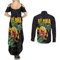 Hawaiian Halloween Couples Matching Summer Maxi Dress and Long Sleeve Button Shirt Aloha Pinapple with Mysterious Hands and Polynesian Tribal Tattoo LT03 - Polynesian Pride