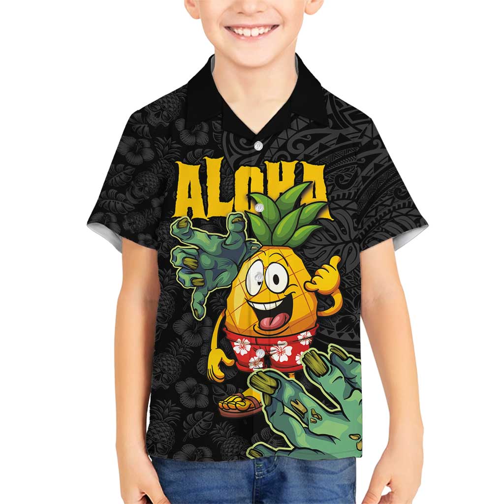 Hawaiian Halloween Family Matching Long Sleeve Bodycon Dress and Hawaiian Shirt Aloha Pinapple with Mysterious Hands and Polynesian Tribal Tattoo LT03 Son's Shirt Black - Polynesian Pride