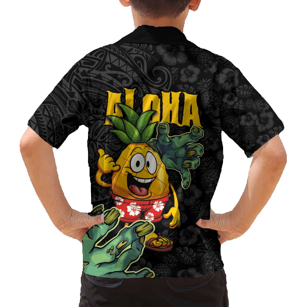 Hawaiian Halloween Family Matching Puletasi and Hawaiian Shirt Aloha Pinapple with Mysterious Hands and Polynesian Tribal Tattoo