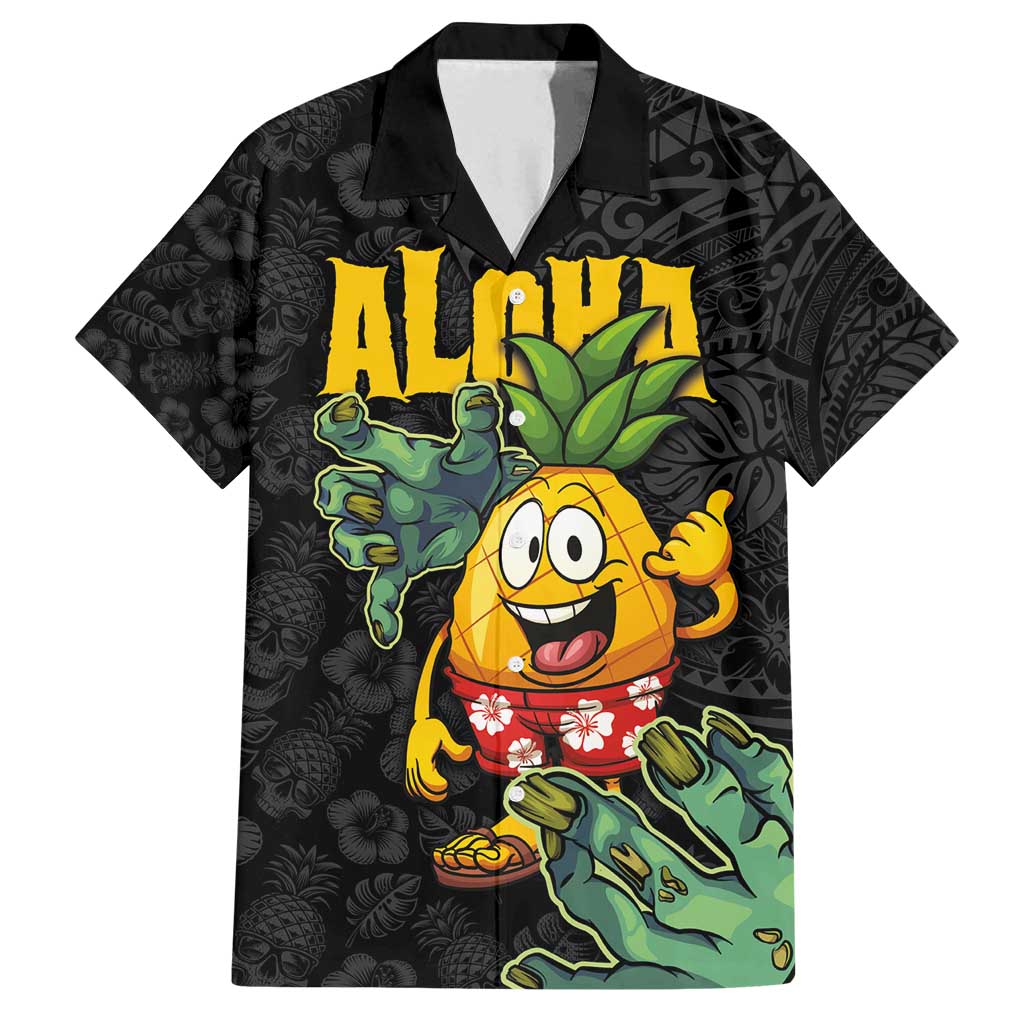 Hawaiian Halloween Family Matching Summer Maxi Dress and Hawaiian Shirt Aloha Pinapple with Mysterious Hands and Polynesian Tribal Tattoo LT03 Dad's Shirt - Short Sleeve Black - Polynesian Pride