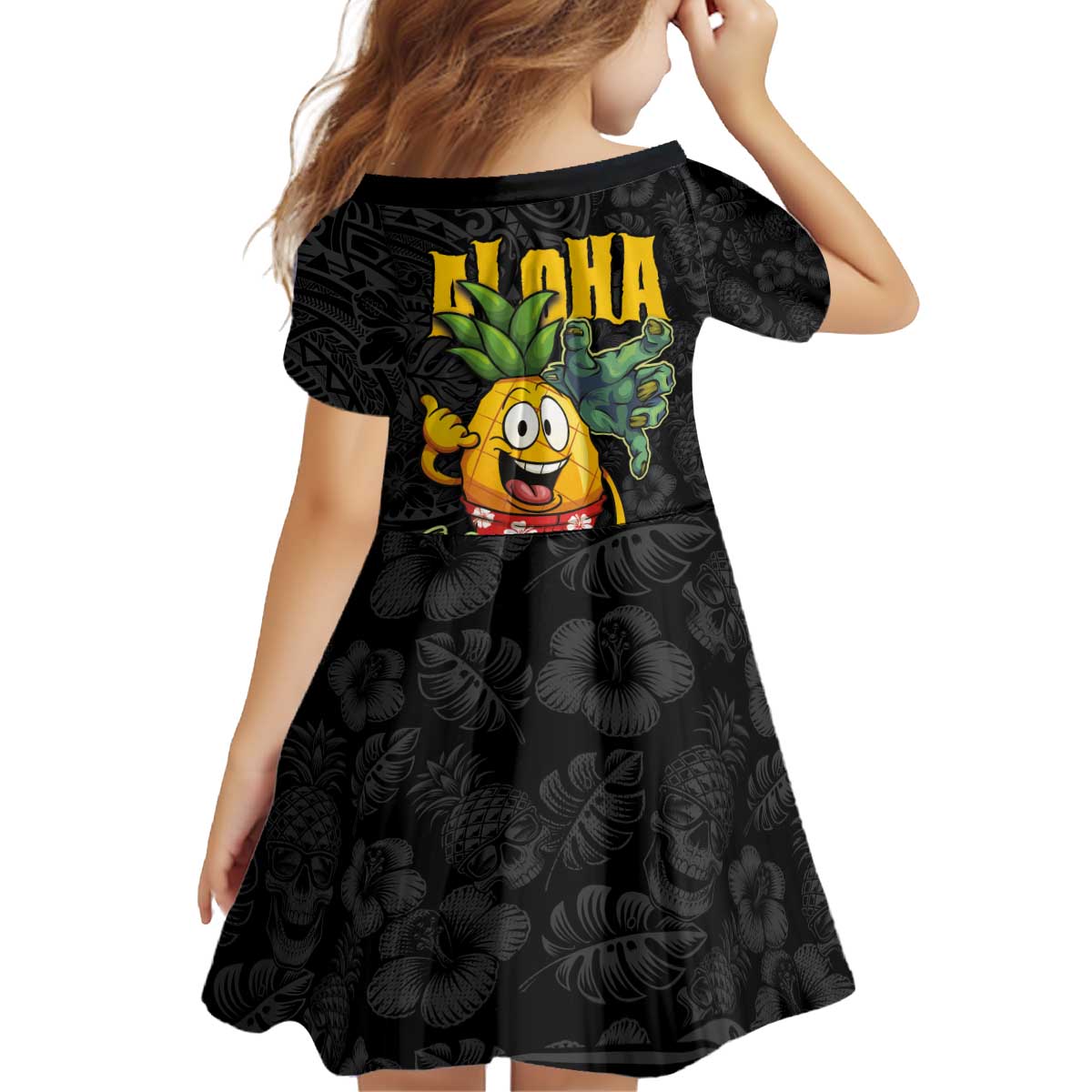 Hawaiian Halloween Kid Short Sleeve Dress Aloha Pinapple with Mysterious Hands and Polynesian Tribal Tattoo