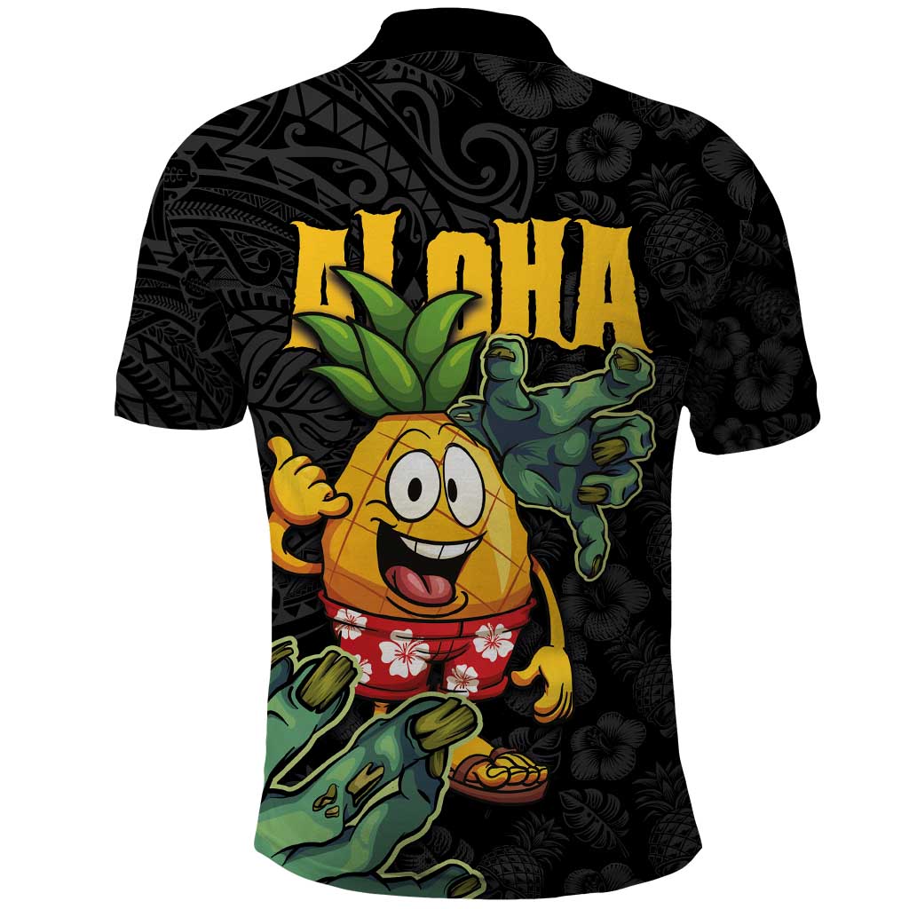 Hawaiian Halloween Polo Shirt Aloha Pinapple with Mysterious Hands and Polynesian Tribal Tattoo
