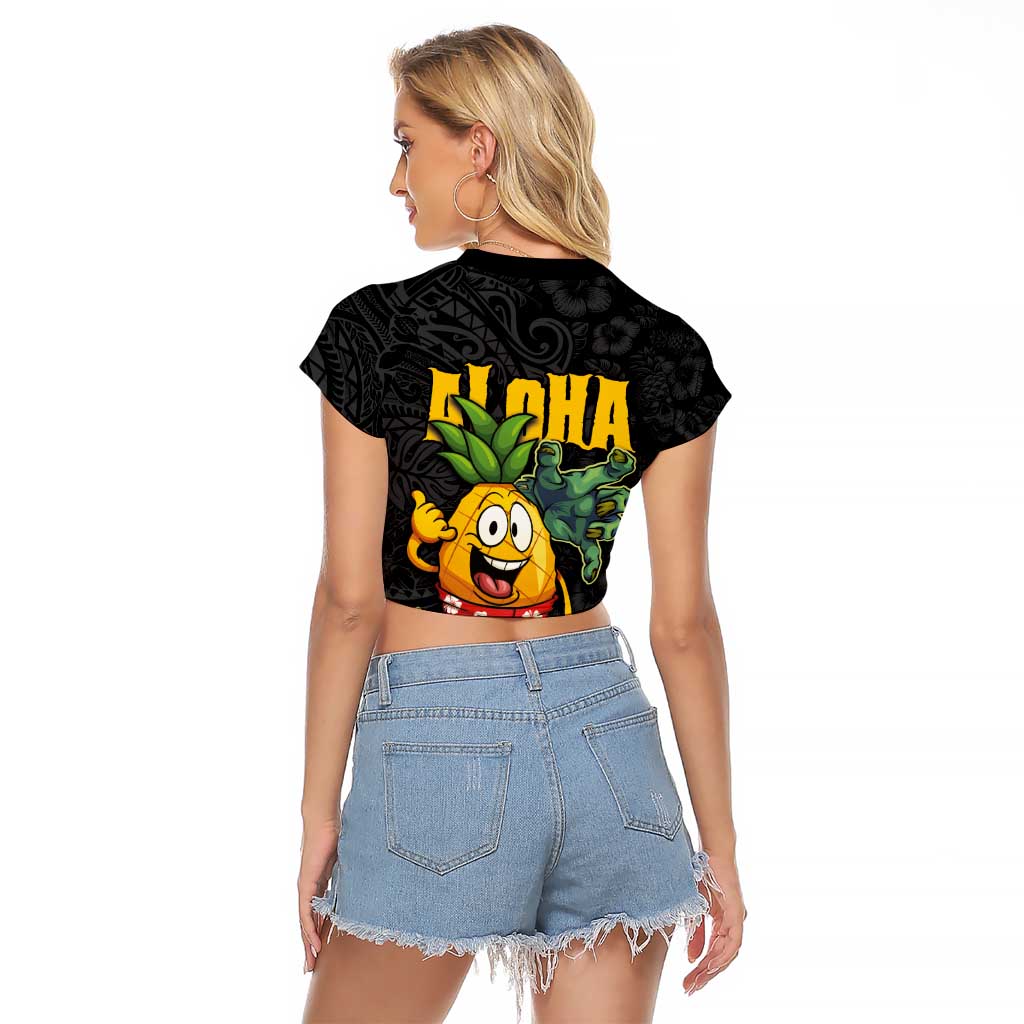 Hawaiian Halloween Raglan Cropped T Shirt Aloha Pinapple with Mysterious Hands and Polynesian Tribal Tattoo LT03 - Polynesian Pride