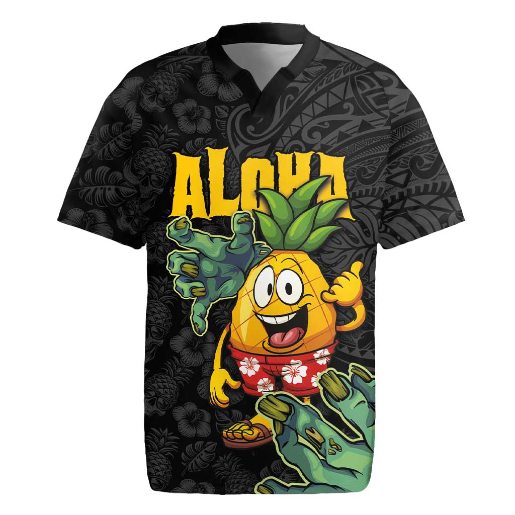 Hawaiian Halloween Rugby Jersey Aloha Pinapple with Mysterious Hands and Polynesian Tribal Tattoo