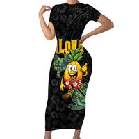 Hawaiian Halloween Short Sleeve Bodycon Dress Aloha Pinapple with Mysterious Hands and Polynesian Tribal Tattoo LT03 Long Dress Black - Polynesian Pride