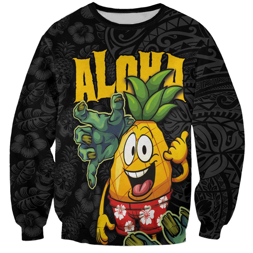 Hawaiian Halloween Sweatshirt Aloha Pinapple with Mysterious Hands and Polynesian Tribal Tattoo