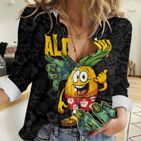 Hawaiian Halloween Women Casual Shirt Aloha Pinapple with Mysterious Hands and Polynesian Tribal Tattoo