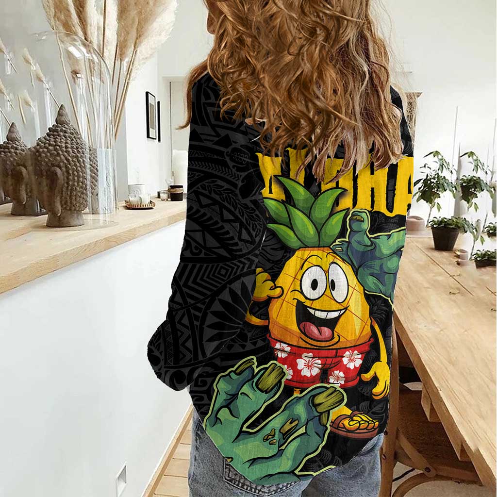 Hawaiian Halloween Women Casual Shirt Aloha Pinapple with Mysterious Hands and Polynesian Tribal Tattoo