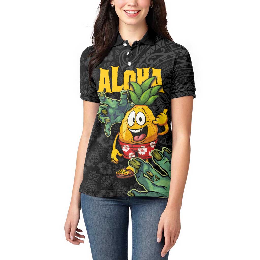 Hawaiian Halloween Women Polo Shirt Aloha Pinapple with Mysterious Hands and Polynesian Tribal Tattoo